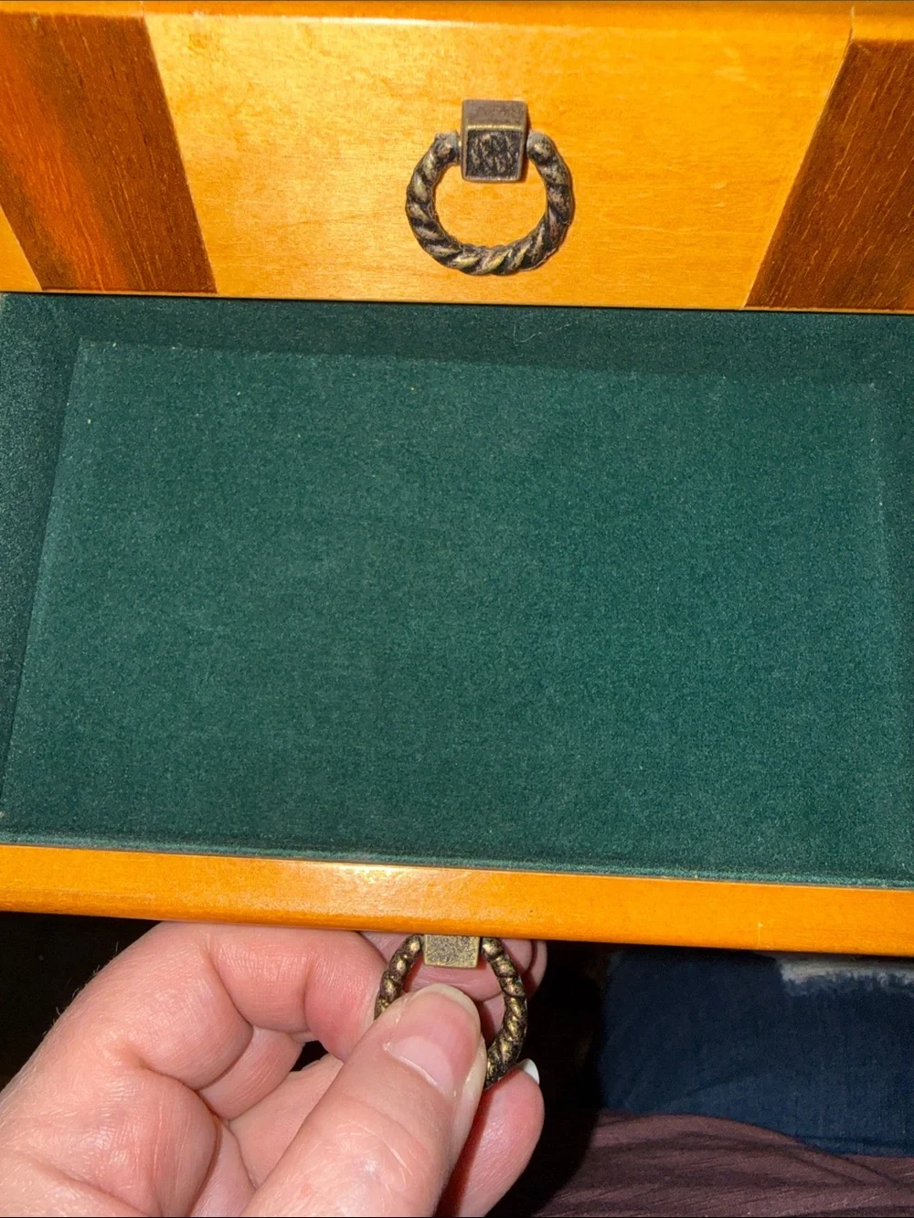 Vintage Two tone Wooden Powell 3-Drawer Jewelry Box with Floral Glass Top